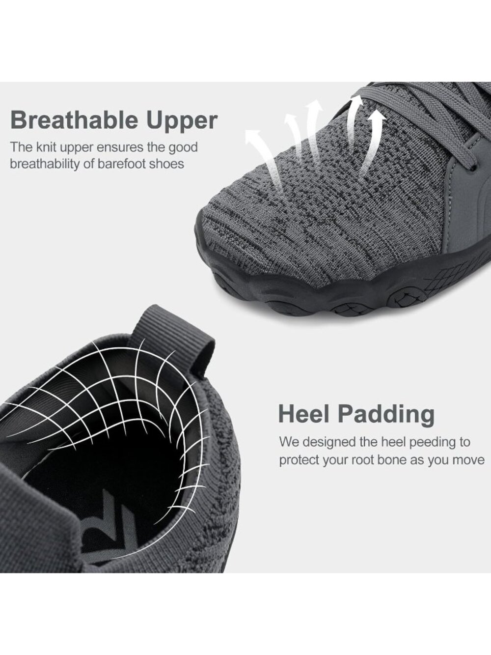 Men's Grey Barefoot Trail Running Shoes Minimalist Wide Toe Box Design Non-Slip - Picture 5 of 6